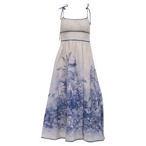 Zimmermann Wylie Picnic Midi Dress in White and Blue Linen
